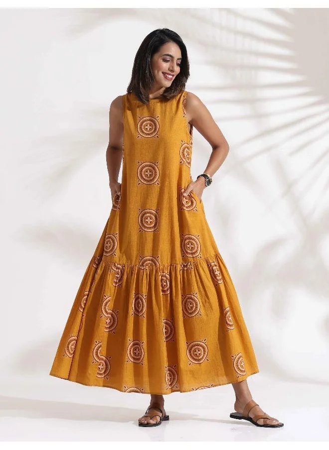 ترو برونز trueBrowns Mustard Cotton Print Tier Dress