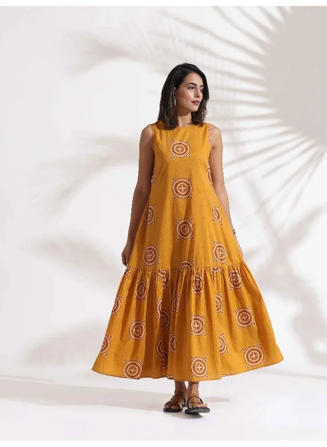 ترو برونز trueBrowns Mustard Cotton Print Tier Dress