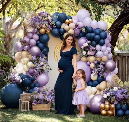 Partycus Navy Blue Purple Balloon Arch Double Stuffed Dark Blue Pastel Lavender White Sand Ivory Balloon Garland Kit with Clear Bobo Metallic Lilac Latex for Baby Shower Wedding Birthday Valentine Party Decor - Image 5