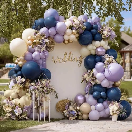 Partycus Navy Blue Purple Balloon Arch Double Stuffed Dark Blue Pastel Lavender White Sand Ivory Balloon Garland Kit with Clear Bobo Metallic Lilac Latex for Baby Shower Wedding Birthday Valentine Party Decor - Image 1