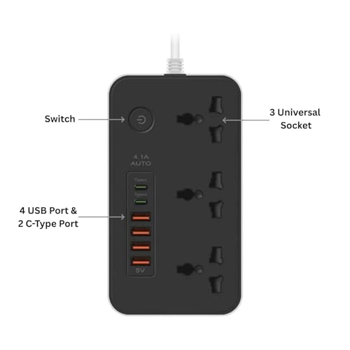 BOVTY Extension Board with 20W Fast PD Type C 2500W 10A Extension Cord 4 Universal Socket 38W USB Fast Charging Ports Multi Port Extension for Home,Office,Computer,Mobile 2M Power Cord. (Z65-Black) - Image 4
