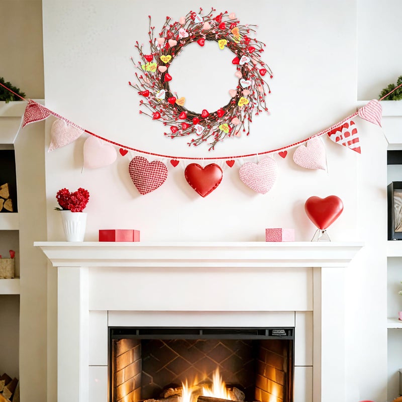 Lebaley 20inch Valentine's Day Wreath - Artificial Pink Wreath with Colorful Love Heart and Berries,Valentines Wreaths Decorations for Front Door Wedding Anniversary Party Candlelight Dinner Decorations - Image 2