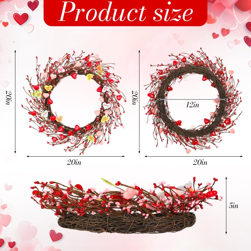 Lebaley 20inch Valentine's Day Wreath - Artificial Pink Wreath with Colorful Love Heart and Berries,Valentines Wreaths Decorations for Front Door Wedding Anniversary Party Candlelight Dinner Decorations - Image 3
