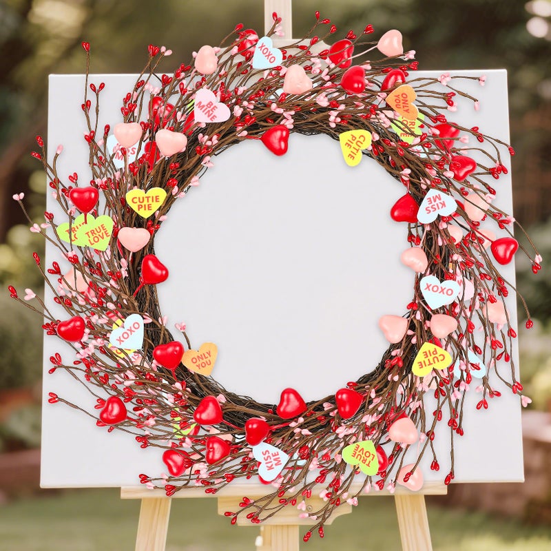 Lebaley 20inch Valentine's Day Wreath - Artificial Pink Wreath with Colorful Love Heart and Berries,Valentines Wreaths Decorations for Front Door Wedding Anniversary Party Candlelight Dinner Decorations - Image 1