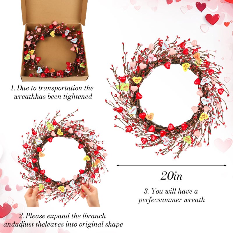 Lebaley 20inch Valentine's Day Wreath - Artificial Pink Wreath with Colorful Love Heart and Berries,Valentines Wreaths Decorations for Front Door Wedding Anniversary Party Candlelight Dinner Decorations - Image 4