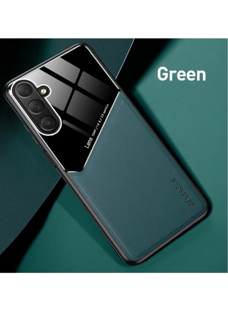 Case Compatible With Samsung Galaxy A16, Cover Luxury Leather And Glass With Car Magnetic Holder Phone Cover Soft Frame Silicone - Green - Image 1