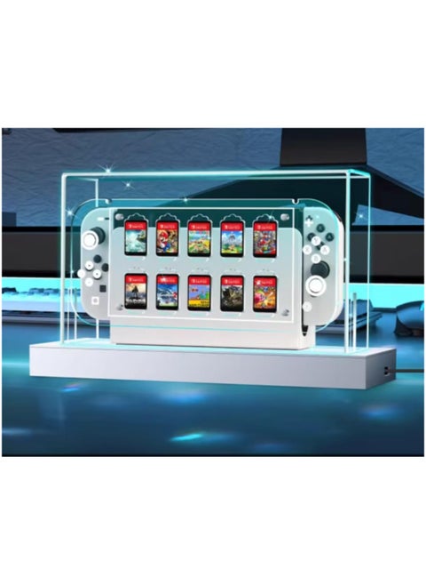 Switch Dust Cover, with 16 Colors LED Light Base, Acrylic Clear Display Box, 10 Game Card storage, Switch Game Card Protection, Cool switch oled accessories, switch essentials, Switch card protection