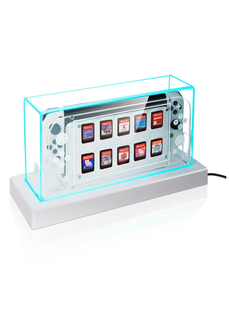 Switch Dust Cover, with 16 Colors LED Light Base, Acrylic Clear Display Box, 10 Game Card storage, Switch Game Card Protection, Cool switch oled accessories, switch essentials, Switch card protection