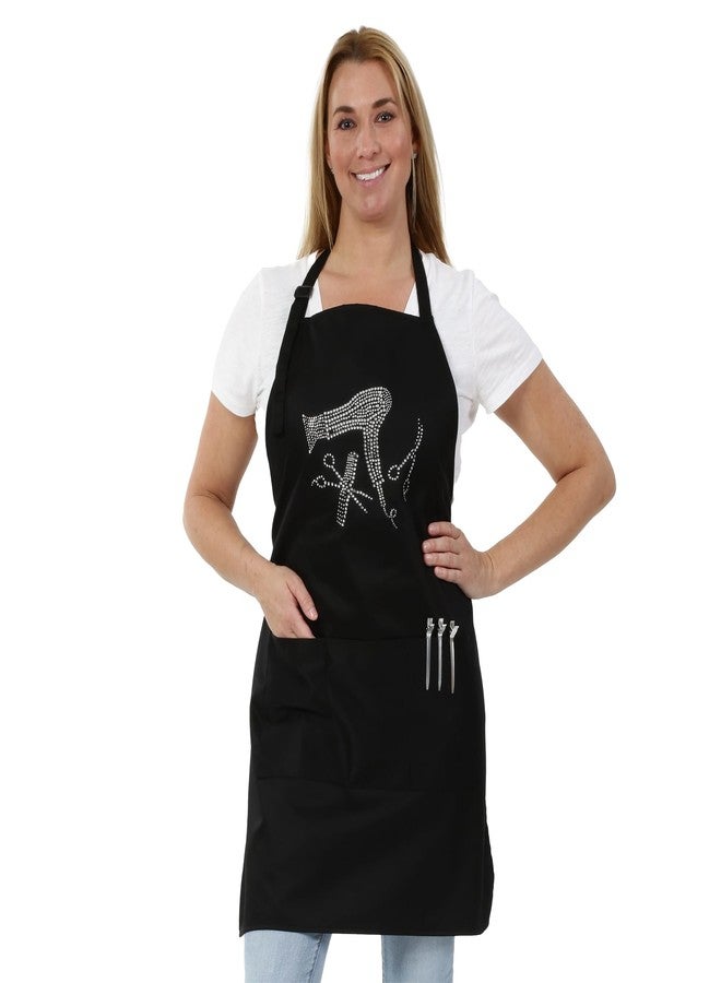 Plum Hill Hair Stylist Apron with Rhinestones - Salon Aprons for Hairdresser and Cosmetology - 3 Pockets, Long Ties, Black - Image 1