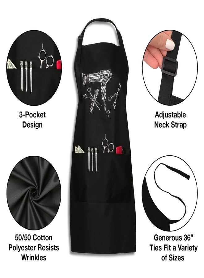 Plum Hill Hair Stylist Apron with Rhinestones - Salon Aprons for Hairdresser and Cosmetology - 3 Pockets, Long Ties, Black - Image 4