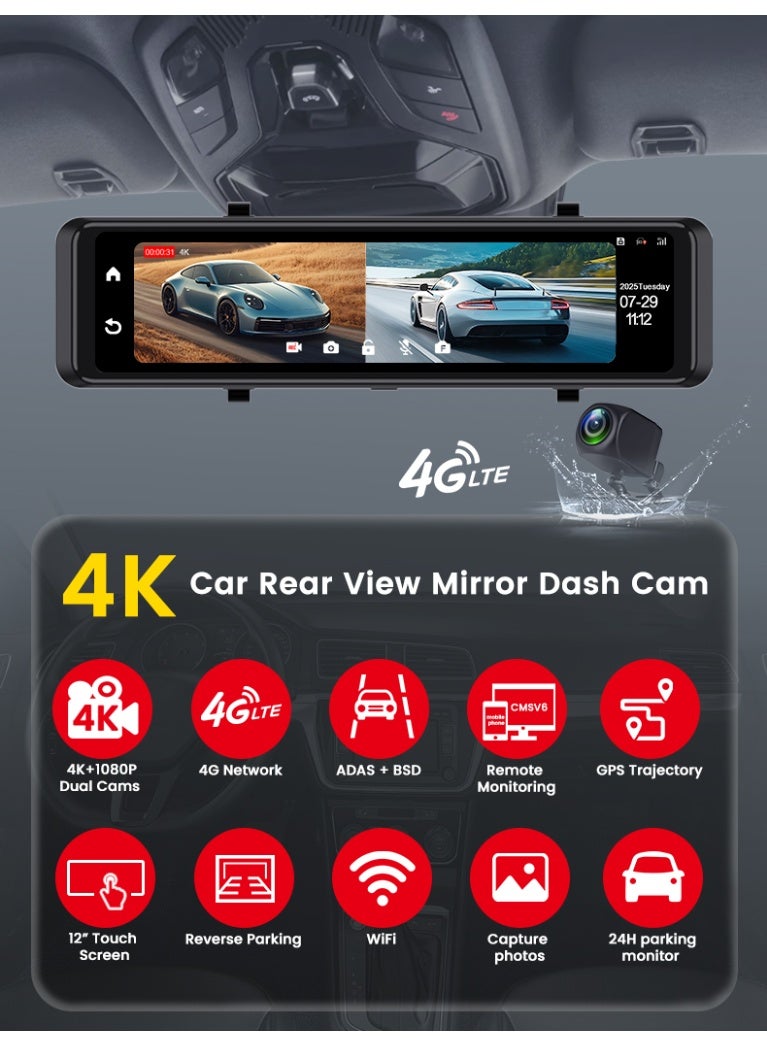 4K+4G 3840*2160P 12 Inch Car DVR Dash Cam WIFI GPS APP Rear View Mirror 1080P Car Camera, WDR,BSD,ADAS - Image 2