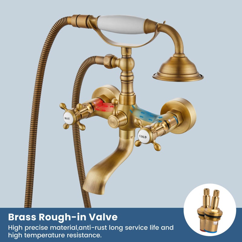 Airuida Wall Mount Bathtub Shower Faucet Kit with Telephone Shaped Handheld Sprayer Double Hot and Cold Water Mixer Tap Wall Mounted Tub Filler Set Vintage Style Cross Handles Antique Brass - Image 4