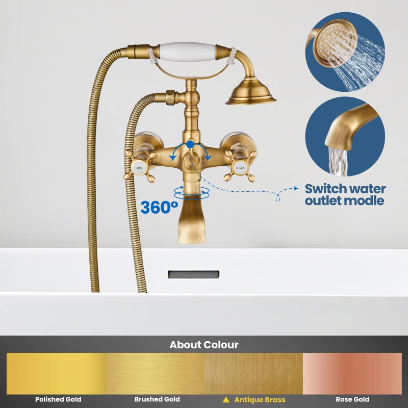 Airuida Wall Mount Bathtub Shower Faucet Kit with Telephone Shaped Handheld Sprayer Double Hot and Cold Water Mixer Tap Wall Mounted Tub Filler Set Vintage Style Cross Handles Antique Brass - Image 2