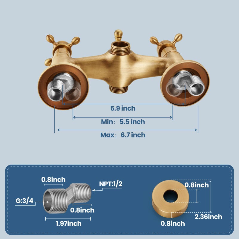 Airuida Wall Mount Bathtub Shower Faucet Kit with Telephone Shaped Handheld Sprayer Double Hot and Cold Water Mixer Tap Wall Mounted Tub Filler Set Vintage Style Cross Handles Antique Brass - Image 5