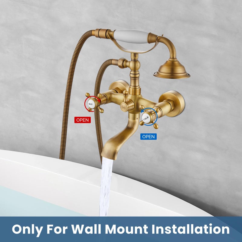Airuida Wall Mount Bathtub Shower Faucet Kit with Telephone Shaped Handheld Sprayer Double Hot and Cold Water Mixer Tap Wall Mounted Tub Filler Set Vintage Style Cross Handles Antique Brass - Image 3