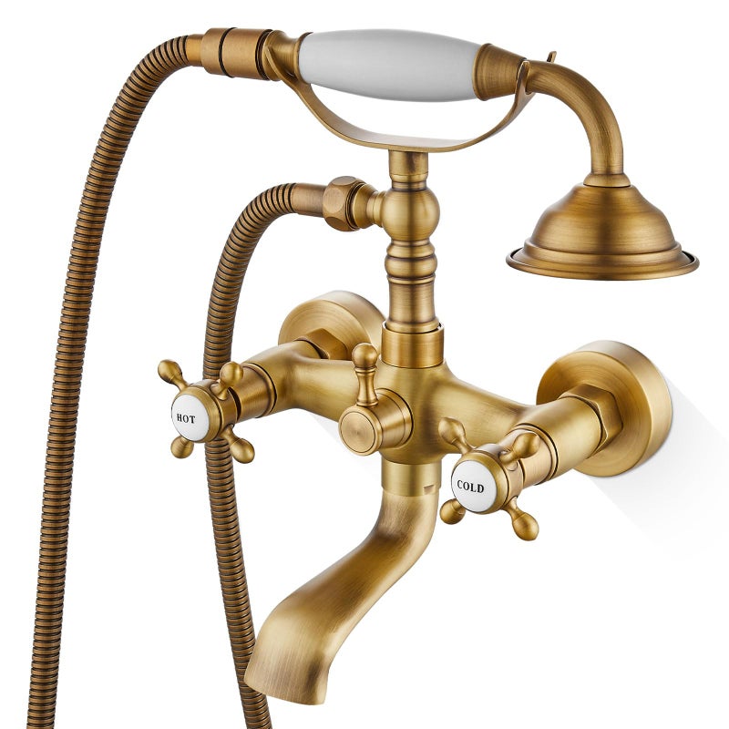 Airuida Wall Mount Bathtub Shower Faucet Kit with Telephone Shaped Handheld Sprayer Double Hot and Cold Water Mixer Tap Wall Mounted Tub Filler Set Vintage Style Cross Handles Antique Brass - Image 1