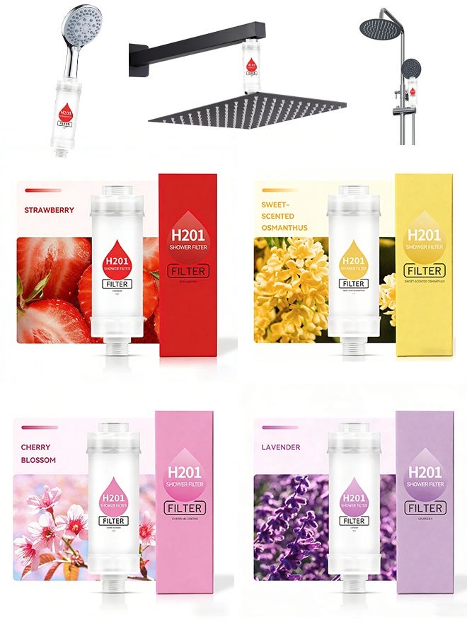 ألونغد عبوة من 4 قطع من فلتر الاستحمام بفيتامين سي، فلتر رأس الدش لإزالة رواسب الكلور والفلورايد، ينقي الماء بالخرز، يساعد في علاج جفاف الجلد وتساقط الشعر، سهل التركيب (فراولة، أوسمانثوس، زهر الكرز، الخزامى) - Image 1