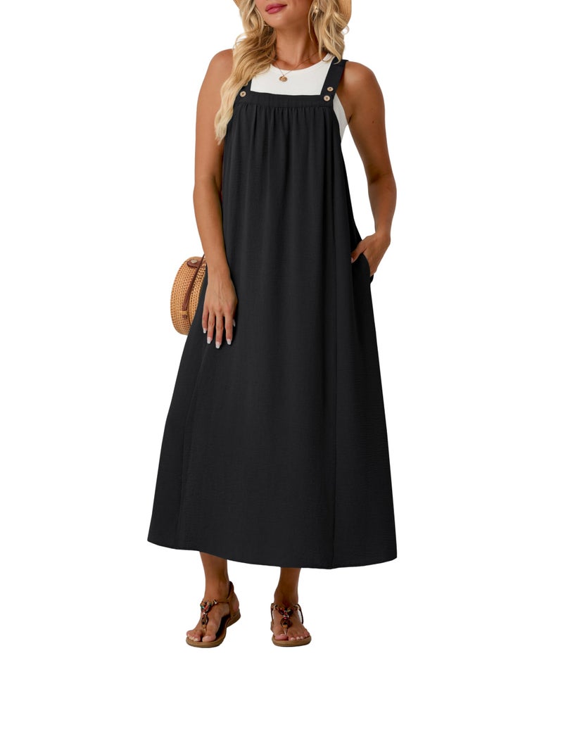 Lepunuo Overall Dress for Women Summer Long Dresses Adjustable Jumpers Casual Cover up with Pockets A - Black - Image 1
