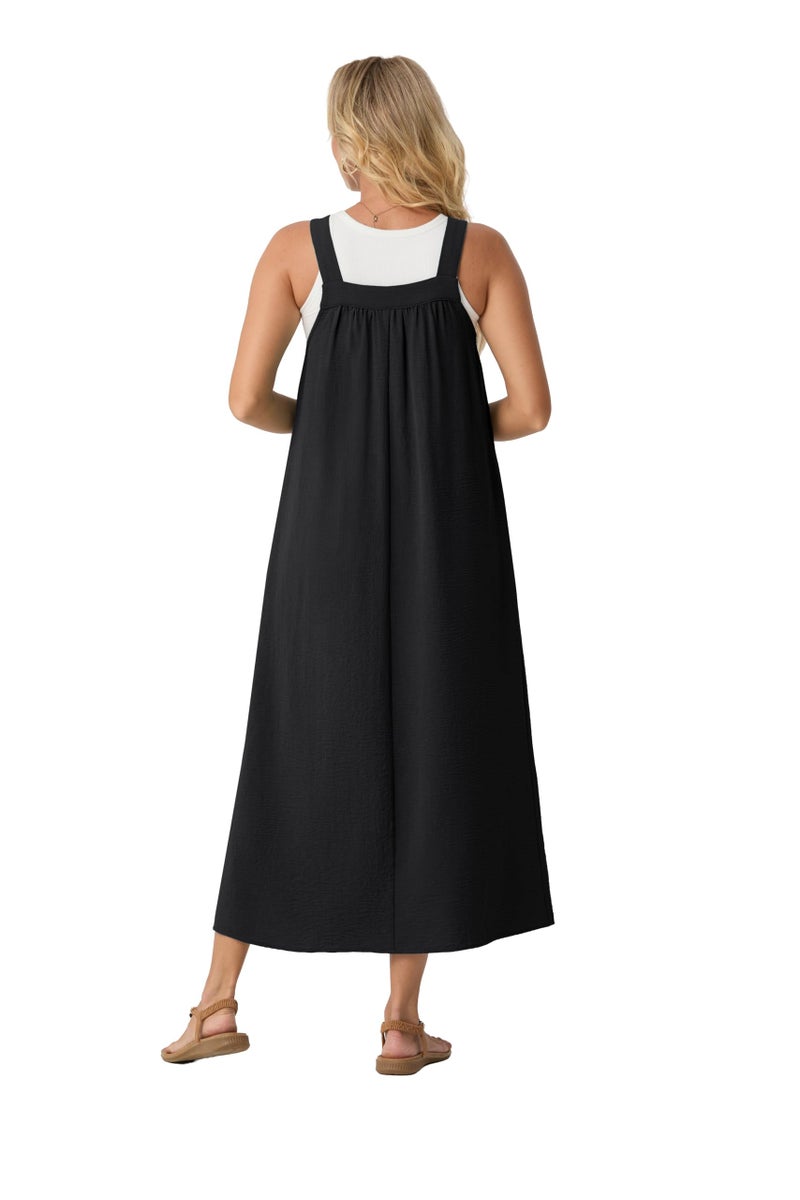 Lepunuo Overall Dress for Women Summer Long Dresses Adjustable Jumpers Casual Cover up with Pockets A - Black - Image 5