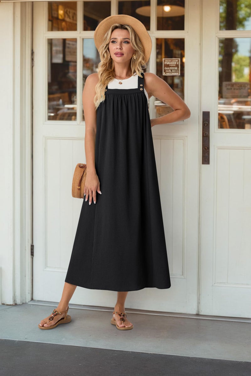 Lepunuo Overall Dress for Women Summer Long Dresses Adjustable Jumpers Casual Cover up with Pockets A - Black - Image 2