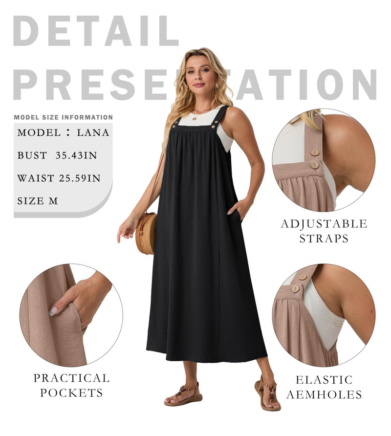 Lepunuo Overall Dress for Women Summer Long Dresses Adjustable Jumpers Casual Cover up with Pockets A - Black - Image 4