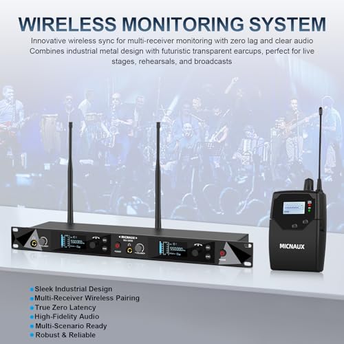 MICNAUX Wireless in Ear Monitor System, 2 Channel UHF Pro Mono IEM System for Singer Musicians, 2x40 Frequencies, 330ft Range, Rack Mount Transmitter and Bodypacks Receiver for Band, Studio (8 Pack) - Image 2