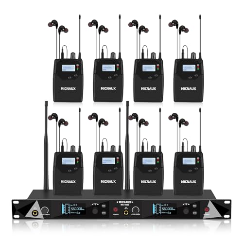 MICNAUX Wireless in Ear Monitor System, 2 Channel UHF Pro Mono IEM System for Singer Musicians, 2x40 Frequencies, 330ft Range, Rack Mount Transmitter and Bodypacks Receiver for Band, Studio (8 Pack) - Image 1