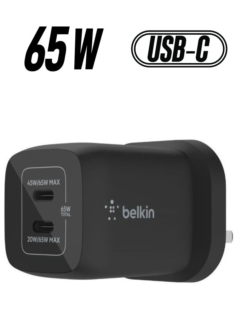 belkin 65W Dual USB Type C Wall Charger, Fast Charging Power Delivery 3.0 with GaN Technology, USB Plug fast charger for iPhone 16, 15, 14, iPad, MacBook, Samsung Galaxy S24, Pixel and more - Black Black - Image 1