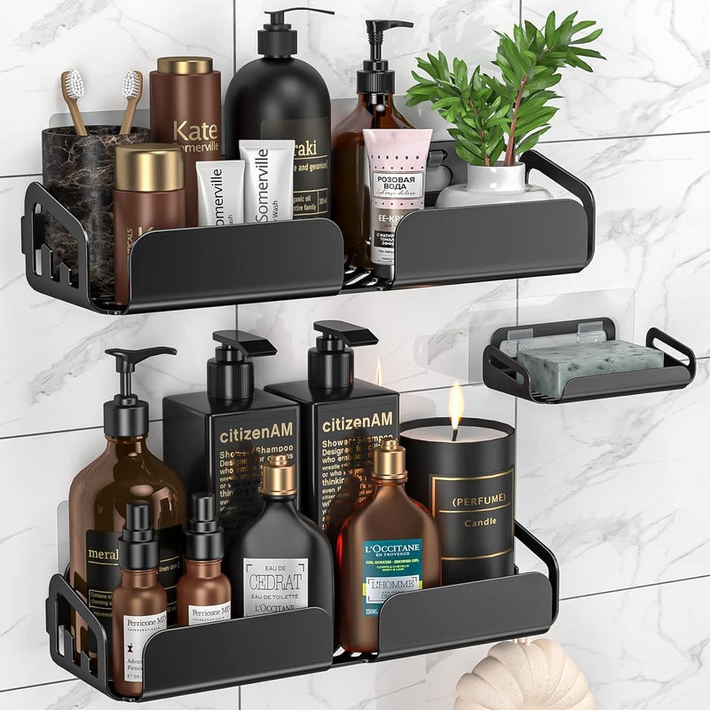 Boniry Bathroom Shelf for Wall, Bathroom Organiser, Wall Mounted Bathroom Rack, Large Capacity Adhesive Bathroom Shelf 3-Pack Strong Adhesive Shower Caddy with Soap Holder Stainless Steel- Black - Image 1