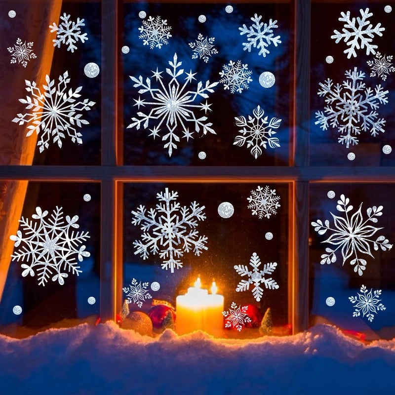 DC-BEAUTIFUL DCBEAUTIFUL 318 Pcs Christmas Snowflakes Clings Decoration Set White Christmas Theme Window Stickers Winter Snow Flakes Clings Party Decal 12 Sheets 