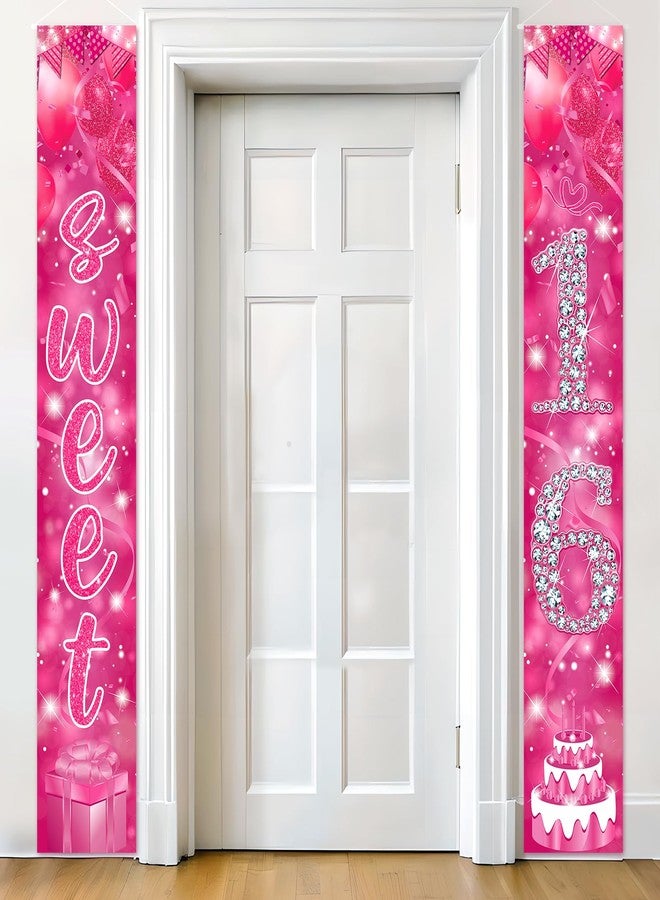 TagreSpike Sweet 16 Birthday Decorations Door Banner for Girls Hot Pink Happy 16th Birthday Porch Sign Sweet 16th Birthday Props Decor for Indoor Outdoor Sixteen Year Old Birthday Supplies - Image 1