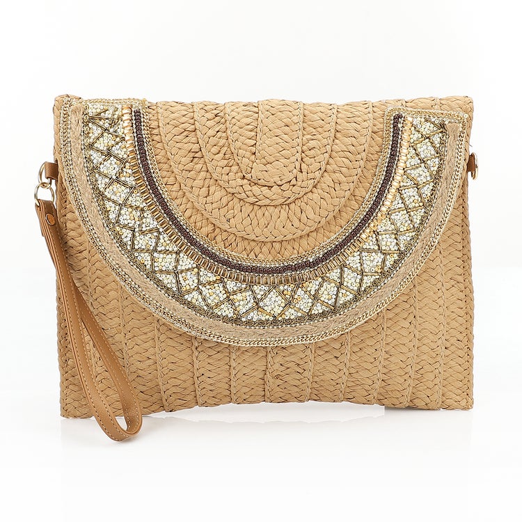 Mr.joe Mr Joe Bohemian Straw and Beaded Clutch Bag with Wristlet Strap Brown -4156 - Image 1