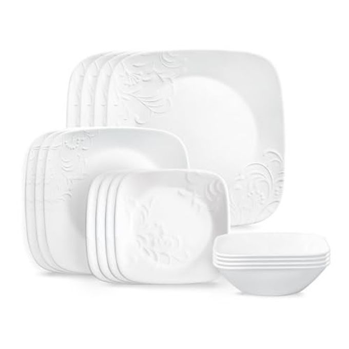 Corelle Cherish 16pc Dinnerware Set, Service for 4, 8 Plates 8 Bowls, Chip & Break Resistant, White Corelleware - Image 2