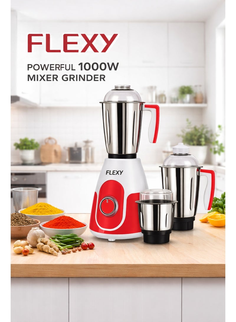 Flexy 1000W Mixer Grinder – 3-in-1 Stainless Steel Jar Set, 100% Copper Motor, Super Efficient Blades, German Technology, 2 Years Warranty - Image 2