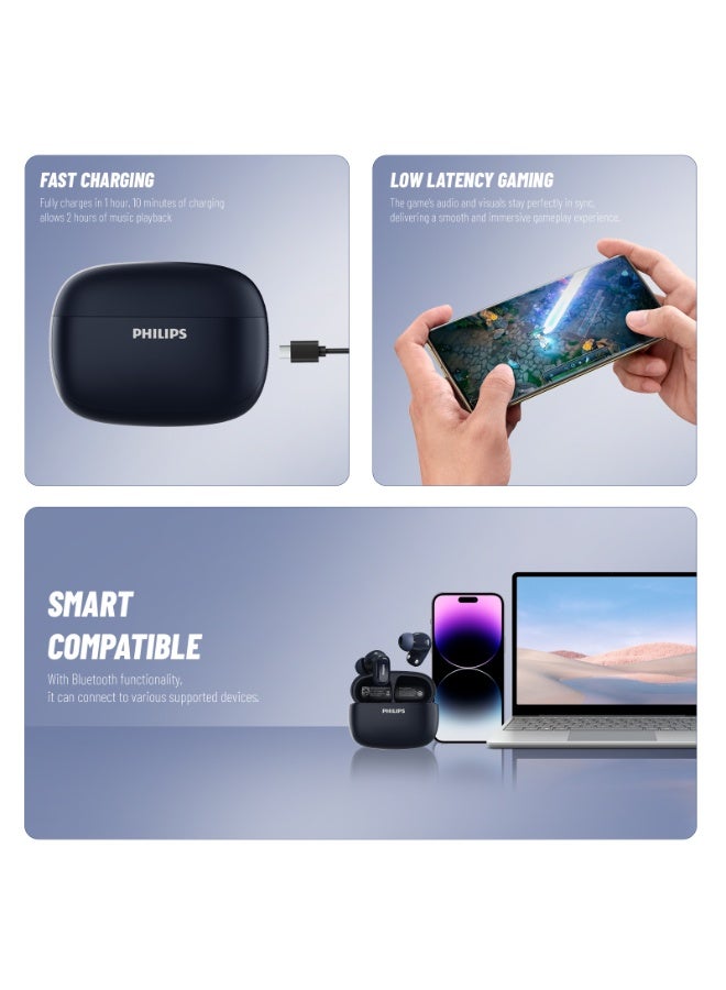 Philips TAT2569,Earphone ,True Wireless Earbuds ,IP54 Water and Dust Proof with  ANC, AI Call Noise Reduction,  Low Latency Gaming, Hi-Fi Spatial Audio Blue - Image 4