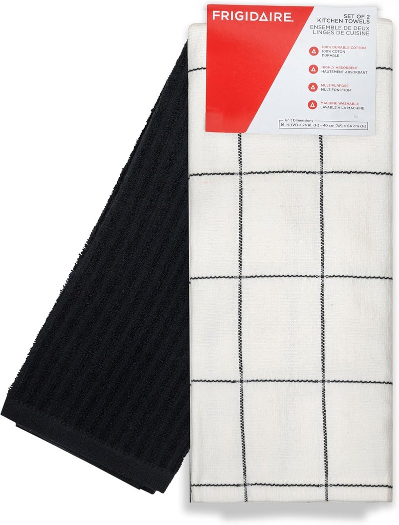 FRIGIDAIRE Carmen 2-Piece Cotton Kitchen Towel Set-Black and Square Print - Image 2
