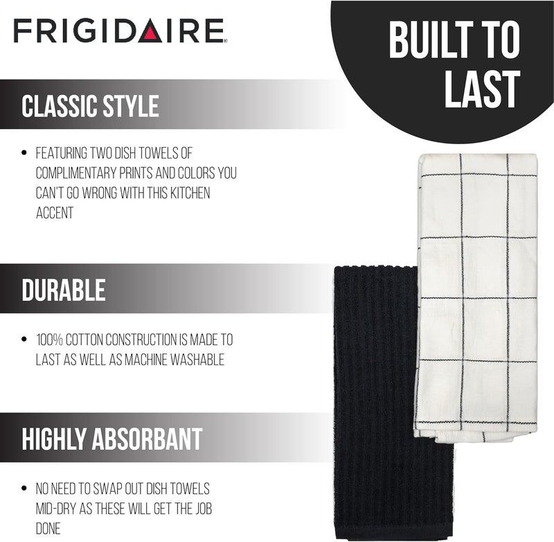 FRIGIDAIRE Carmen 2-Piece Cotton Kitchen Towel Set-Black and Square Print - Image 3