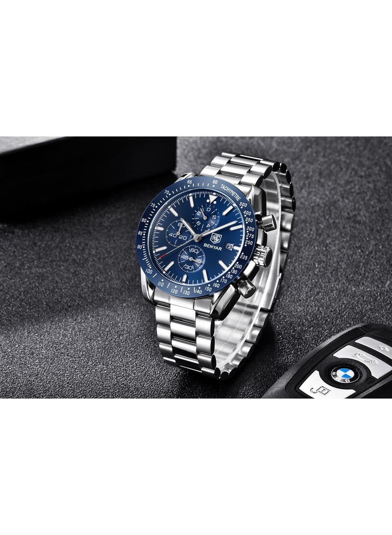 BENYAR Watches for Men Watch Quartz Luxury Stainless Steel Water Resistant Chronograph Watch 5140 Silver - Image 5
