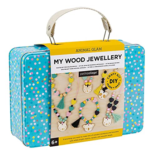 Petit Collage Animal Glam Wood Jewelry Set Craft Kit– Activity Set to Make Charm Bracelets and Necklaces for Women – Creative Toys for Ages 6+ – Ideal Crafts for Kids - Image 1