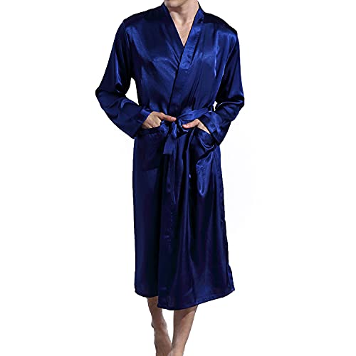 Lu's Chic Men's Silk Robe Lightweight Satin Kimono Summer SPA Lounge Long Sleeve Silky Bath Robe Soft Knee Length Bathrobe with Pocket Blue X-Large - Image 3