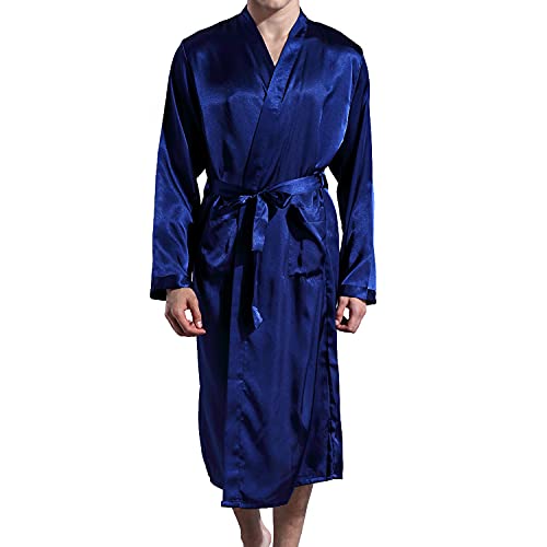 Lu's Chic Men's Silk Robe Lightweight Satin Kimono Summer SPA Lounge Long Sleeve Silky Bath Robe Soft Knee Length Bathrobe with Pocket Blue X-Large - Image 1