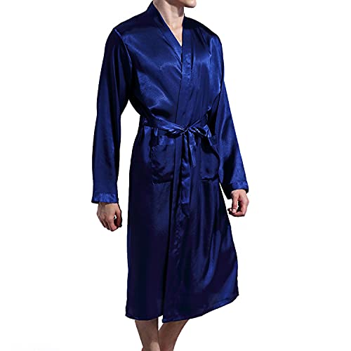 Lu's Chic Men's Silk Robe Lightweight Satin Kimono Summer SPA Lounge Long Sleeve Silky Bath Robe Soft Knee Length Bathrobe with Pocket Blue X-Large - Image 2