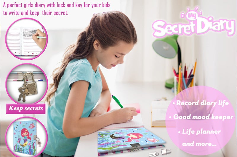 GINMLYDA Girls Diary with Lock for Kids, Mermaid Diaries 7.1x5.3 160 Pages Cute Girl Journal Secret Notebook with Lock and Key for Little Kid Writing Drawing Gift for Pre school Age 6,8,12 - Image 5