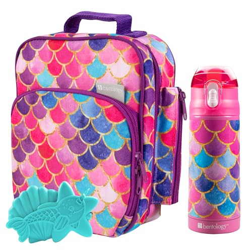 Bentology Kids Lunch Bag Set w Matching Reusable Water Bottle & Hard Ice Pack- Pink Purple Mermaid- Insulated Tote, Stainless Steel Insulated Thermos, Hard Ice Pack- Back to School Lunchbox Kits - Image 1