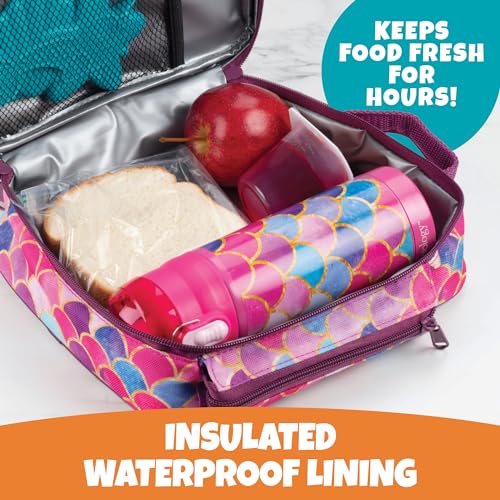 Bentology Kids Lunch Bag Set w Matching Reusable Water Bottle & Hard Ice Pack- Pink Purple Mermaid- Insulated Tote, Stainless Steel Insulated Thermos, Hard Ice Pack- Back to School Lunchbox Kits - Image 2