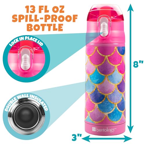 Bentology Kids Lunch Bag Set w Matching Reusable Water Bottle & Hard Ice Pack- Pink Purple Mermaid- Insulated Tote, Stainless Steel Insulated Thermos, Hard Ice Pack- Back to School Lunchbox Kits - Image 3