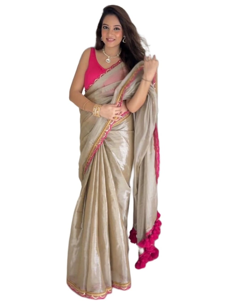 Sidhidata ساري سيدي داتا النسائي من حرير الأورغنزا الناعم مع حافة دانتيل مطرزة وقطعة بلوزة غير مخيطة - Image 1