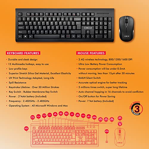 CIRCLE COMPLETE TECHNOLOGY Circle Silent Pro Wireless Keyboard Combo A9 (Black) with DPI 800/1200/1600 with Unique Slim Design, Spill Resistance, Ultra Low Battery Power Consumption, KAILH Silent Switch in Mouse. - Image 4
