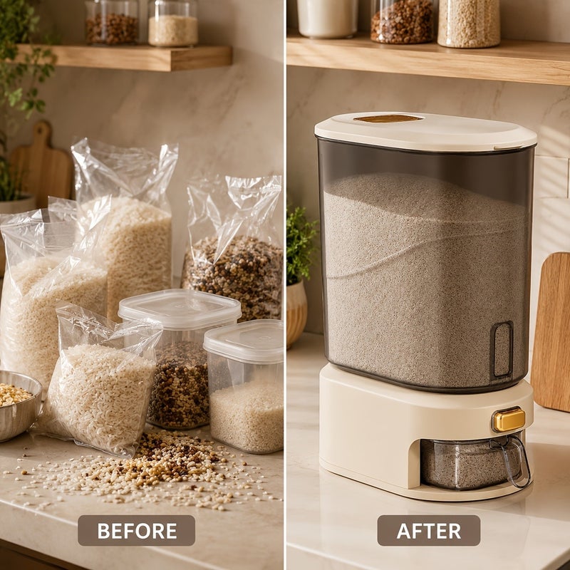 22 Lb/10kg Large Capacity Rice Container with Measuring Cup and Time Markings - Plastic Grain Storage Bin - Airtight,, Moisture-Proof Flour Storage Container, Rice Bin, Storage Container for Flour, Grains, Beans, Pet Food, Cat Food, Dog - Image 3