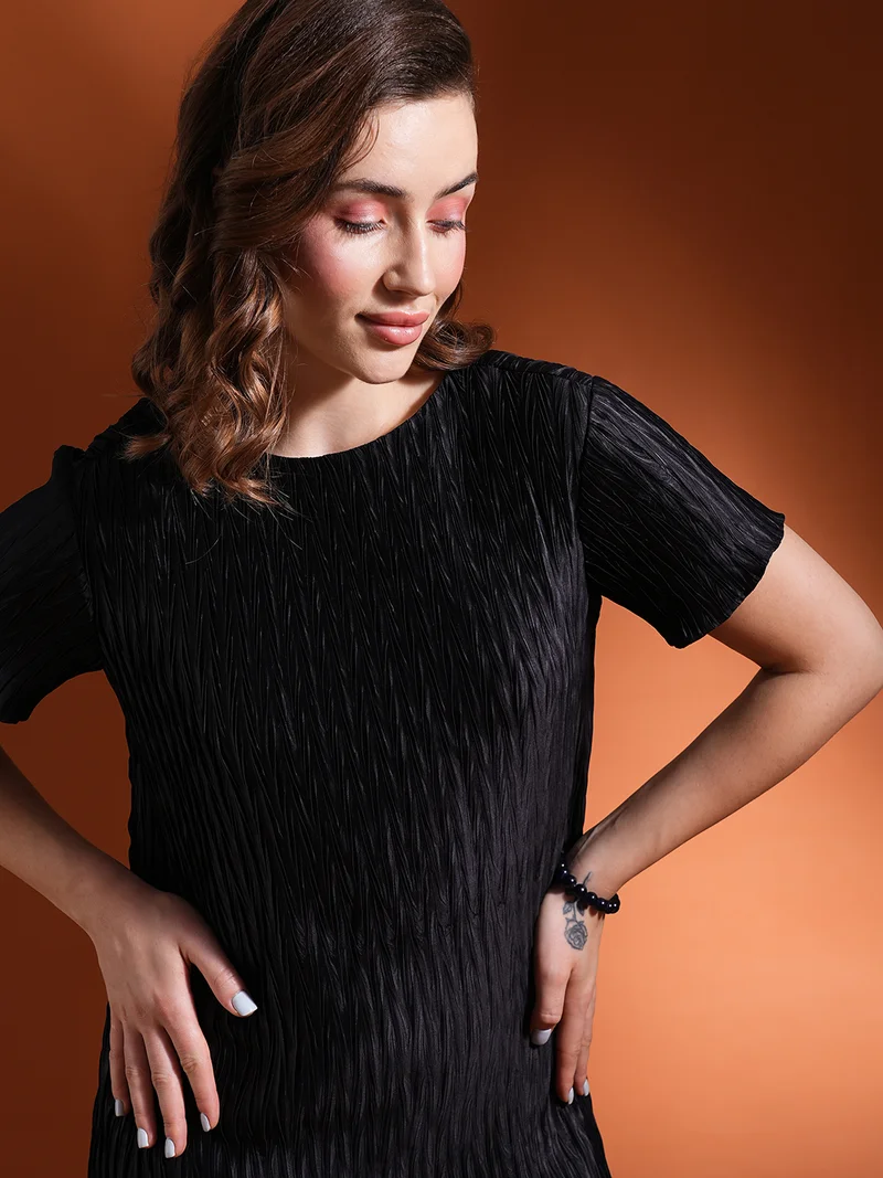 globus Globus Women Self Textured Round Neck Short Sleeves Sheath Workwear Dress